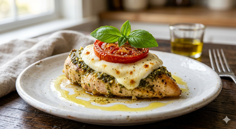 Basil Pesto Tomato Mozzarella Chicken Bake